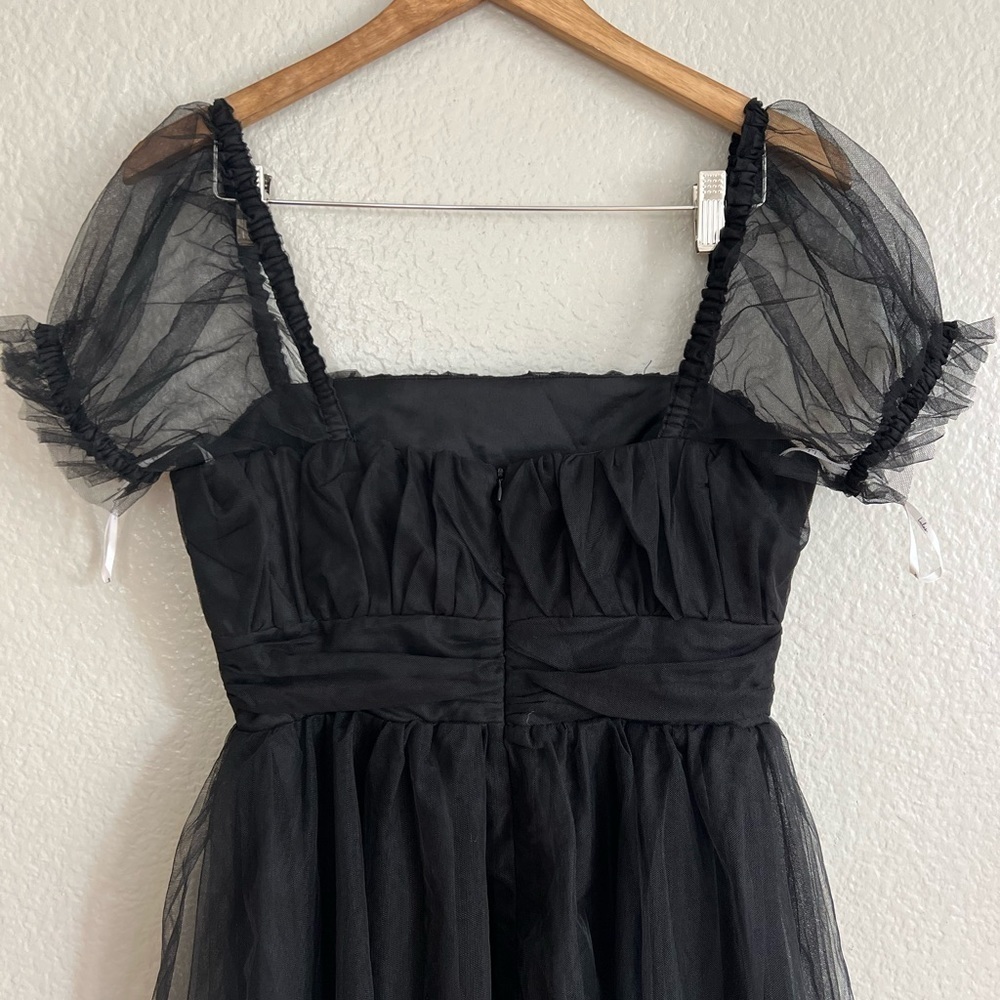 NWOT Flawless Aura Black Tulle Puff Sleeve Ruffled Midi Dress - Picture 5 of 8